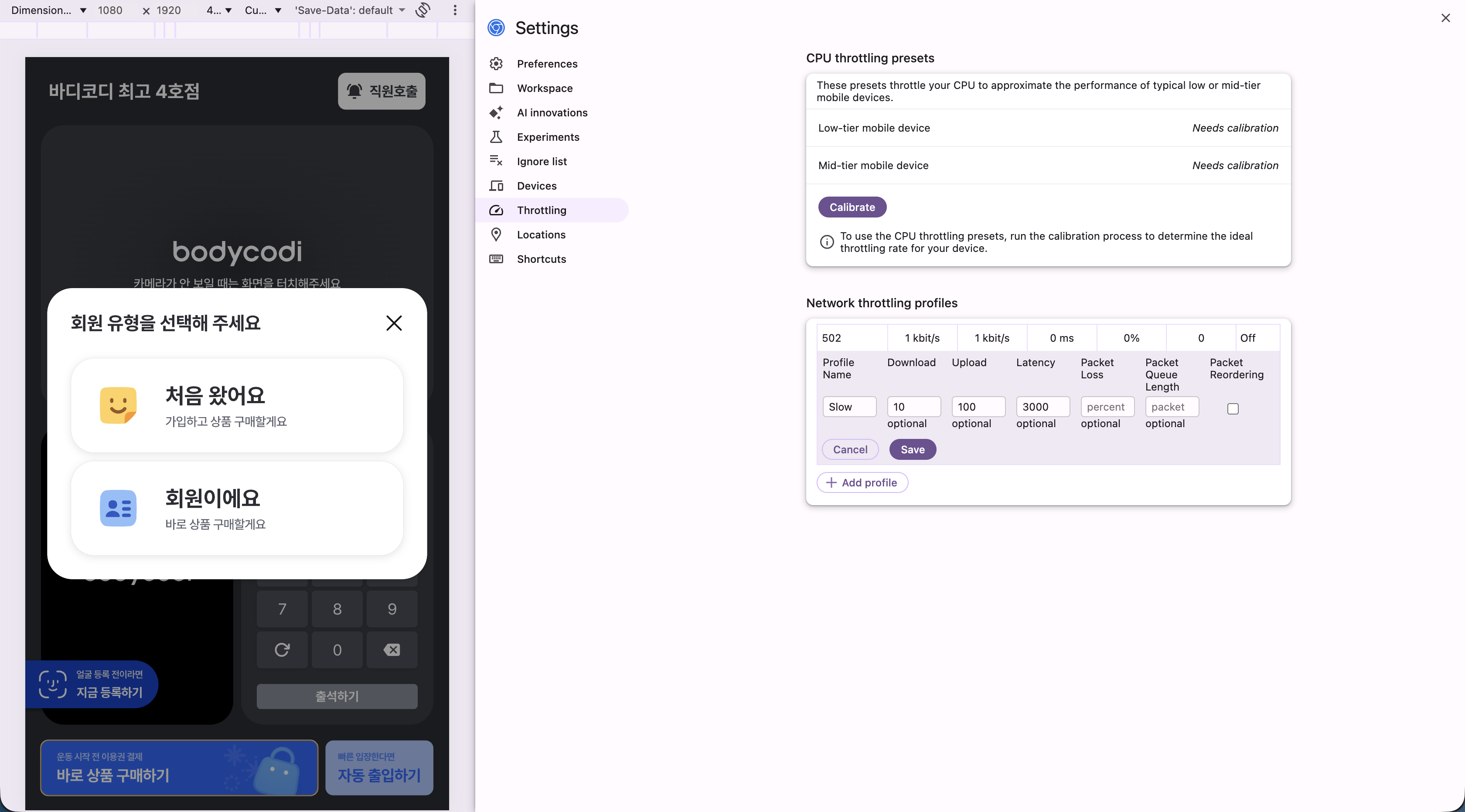 크롬 개발자도구 Network Throttling 설정 화면